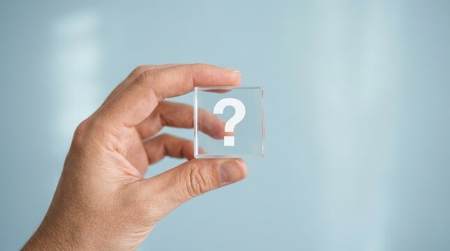 A hand holding a transparent glass cube with a white question mark inside, representing uncertainty, problem solving, and hidden information