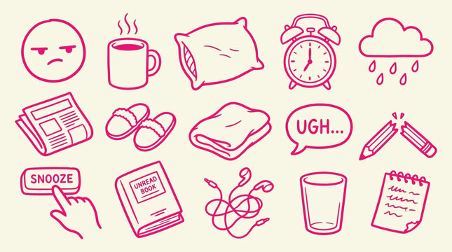 Collection of hand-drawn icons representing morning routine, sleepiness, and daily struggles with a pink outline on a beige background.