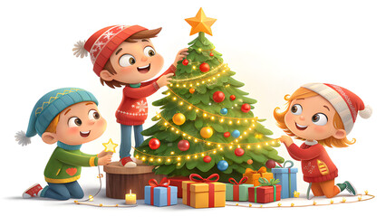 Fototapeta premium Cute happy children decorating a Christmas tree together with ornaments, glowing lights and presents, joyful holiday atmosphere, premium 3D cartoon illustration, isolated on white background.