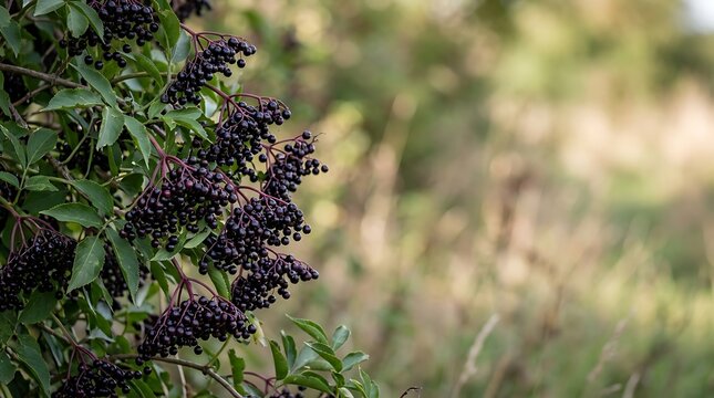 Bunches of ripe elderberries hanging on a bush branch