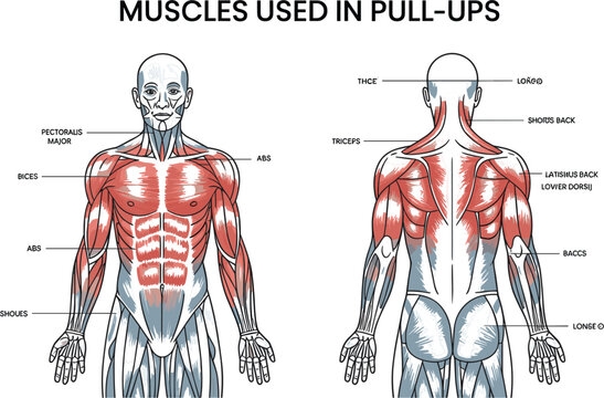Pull Up Muscle Anatomy Diagram Showing Primary and Secondary Muscles Activated During Pull Ups with Front and Back Human Body Views