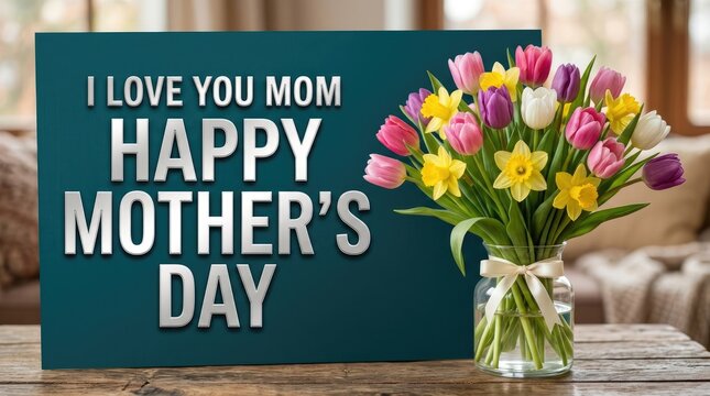 A bouquet of colorful tulips and daffodils in a glass vase next to a dark teal sign with silver text reading i love you mom happy mother's day