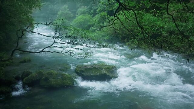 Turbulent River with Rocks in Misty Forest