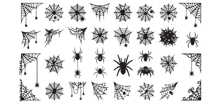 Halloween spider web and spider silhouette vector icons set vector illustrator eps10