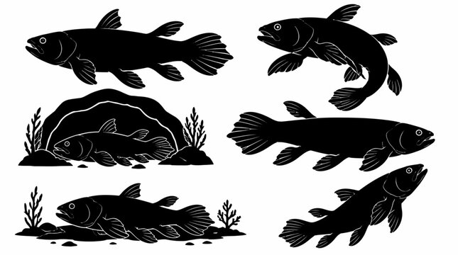 Coelacanth Fish Silhouettes Set, Prehistoric Marine Life Collection