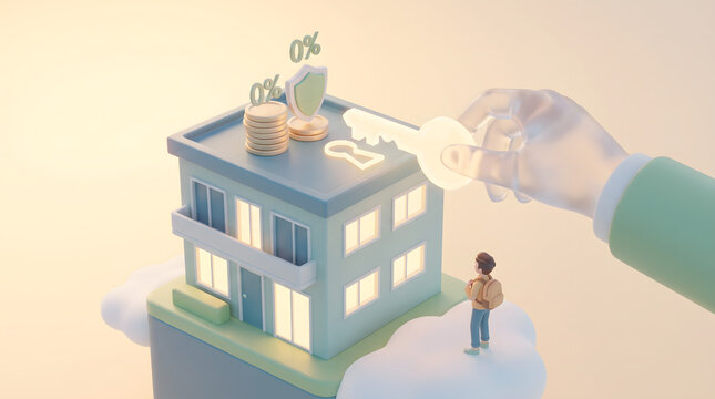 3D illustration of transparent hand holding key over house with zero percent coins and shield on cloud real estate finance concept