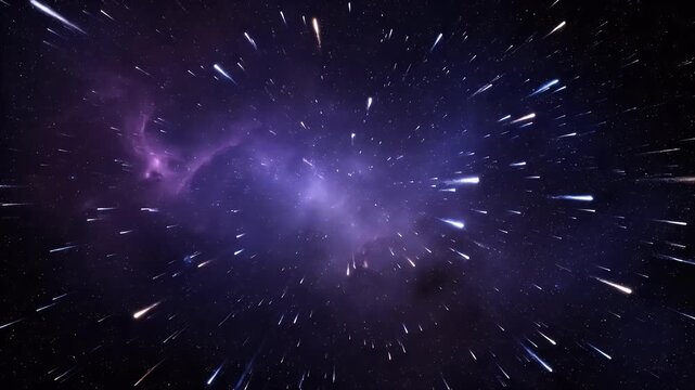 Hyperspace light speed travel effect with purple nebula stars in deep dark space