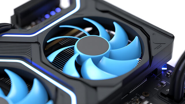 Close up of a computer card cooling fan with bright blue blades and blue LED lighting on a white