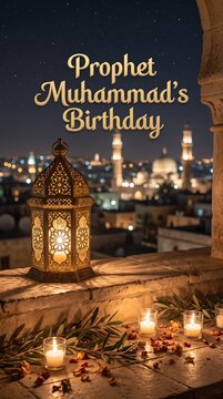 Vertical view of a terrace with glowing lanterns and candles overlooking an illuminated mosque city at night.