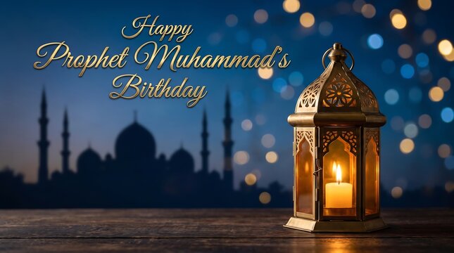 Golden lantern with Happy Prophet Muhammad's Birthday text in front of a mosque silhouette at night.
