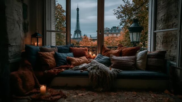 Paris, France, Europe. A moody, atmospheric portrayal of a cozy living room with a panoramic view of the Eiffel Tower in Paris, France.