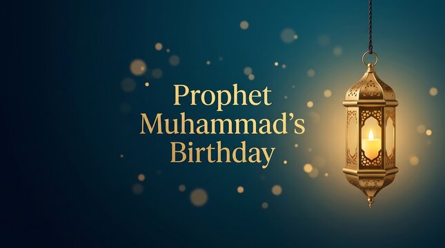 Hanging brass lantern casting a warm light with Prophet Muhammad's Birthday text on a teal background.