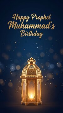 Vertical greeting card layout for Happy Prophet Muhammad's Birthday featuring a glowing golden lantern and sparkles.