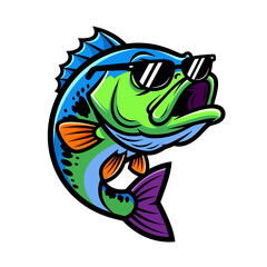 Fototapeta premium Cool cartoon bass fish character sporting fashionable sunglasses, an energetic and vibrant vector illustration for fishing enthusiasts and fun graphic designs, embodying a playful aquatic attitude