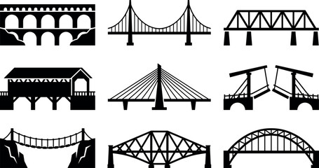 Bridge icon set vector illustration of black silhouette architecture structure types and engineering landmarks isolated on white background © Prodip