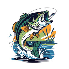 Naklejka premium Largemouth bass jumping out of water catching lure fishing sport vector illustration mascot