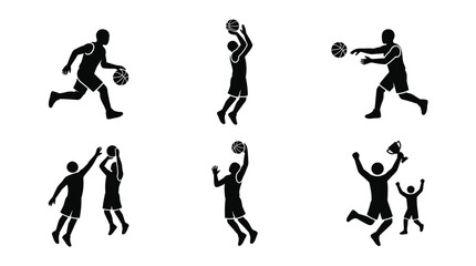 Basketball player silhouette icons set showing sports actions and team victory