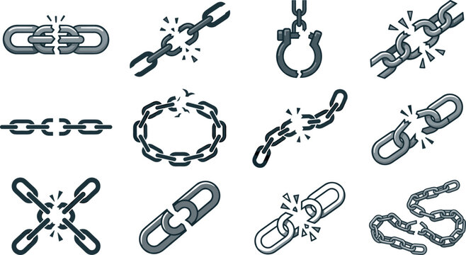 Broken chain vector illustration set of weak metallic links bursting apart representing freedom isolated on white background