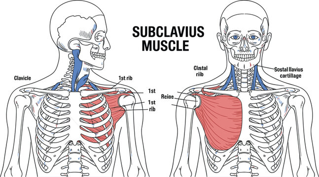Subclavius Muscle Anatomy Diagram with Human Skeleton Showing Clavicle, First Rib, Shoulder Structure, and Chest Musculature for Medical Education