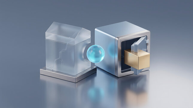 3D illustration of transparent glass house connected by sphere to open metal safe with gold bar real estate finance concept