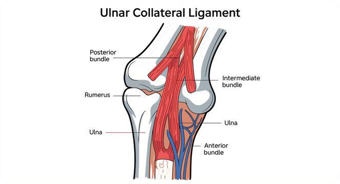 Ulnar Collateral Ligament Anatomy Diagram Showing Elbow Joint Structure with Humerus, Ulna, Ligament Bundles, and Musculoskeletal Medical Illustration for Education