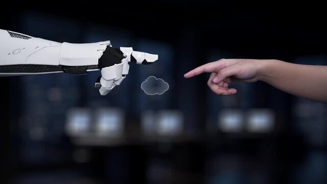 A human hand interacts with a robot hand in a digital environment, emphasizing collaboration in cloud technology for application development and web solutions. Synapse