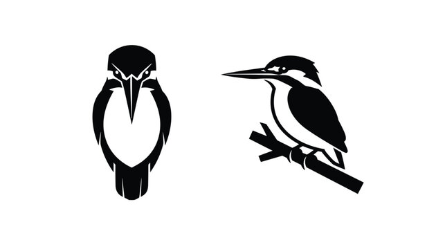 Black silhouettes of a kingfisher bird from a front view and perched on a branch from a side profile view, isolated on a white background.