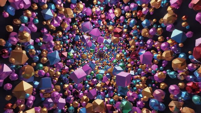 Vibrant abstract geometric shapes moving in a dynamic kaleidoscope pattern with colorful 3D shapes shifting and rotating in seamless motion