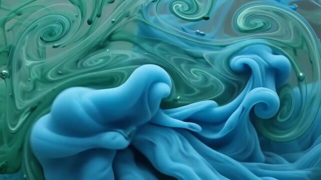 Vibrant emerald green and deep cyan liquid inks swirling and blending in a seamless loop abstract motion background