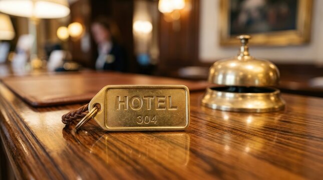 Brass hotel room key tag with number 304 resting on a polished wooden reception desk next to a vintage brass concierge bell
