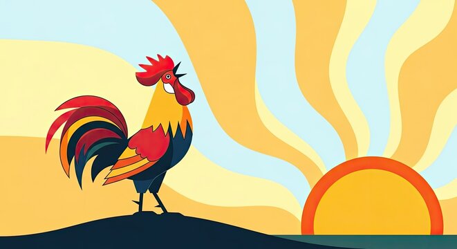 Colorful rooster crowing during sunrise in a flat landscape.