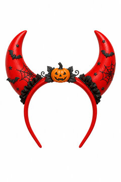 3D render of a Halloween headband with red devil horns, black bats, spiderwebs, and orange jack-o'-lantern isolated on white background.