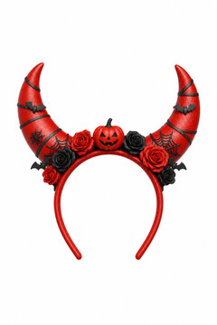 Detailed 3D render of a red devil horn headband with roses, bats, and jack-o-lantern pumpkin isolated on white background.