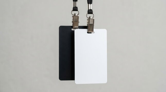 Two blank id badges, one black and one white, hanging from lanyards with metal clips against a plain light grey background, for corporate branding