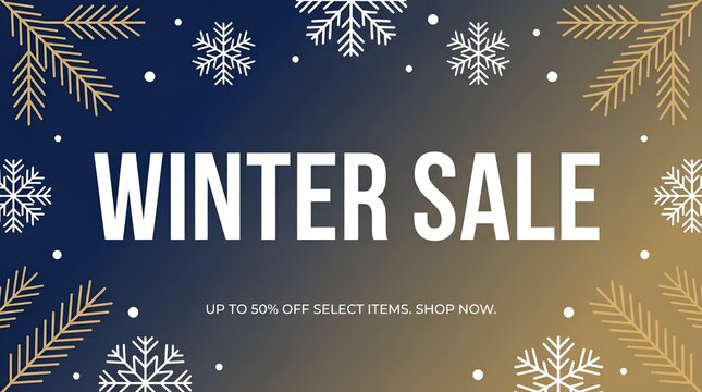Winter sale promotional banner, elegant seasonal discount background with snowflakes and pine branches, blue and gold holiday marketing poster