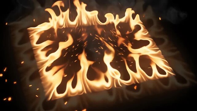 Abstract glowing fire rectangle frame with orange flames flickering along the edges on a dark background at a tilted perspective