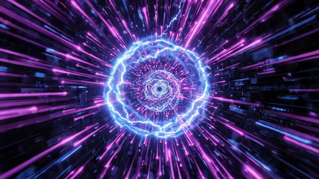 Abstract futuristic data network tunnel flowing with vibrant electric blue and magenta radiant energy in a seamless looping forward motion