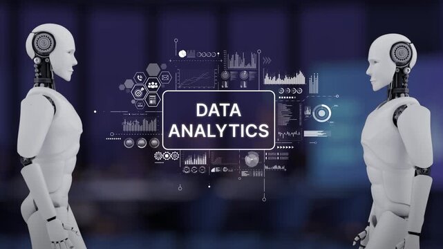 Two futuristic robots face each other with a background of data analytics graphics, showcasing the blend of technology and artificial intelligence in modern data analysis. Synapse