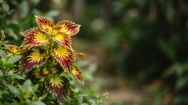 Vibrant yellow and burgundy coleus leaves in a lush garden