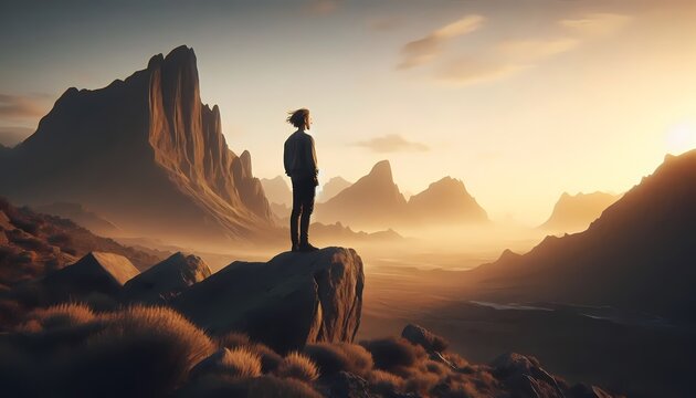 A person in nature looking off into the distance, captioned with a deep, meaningless quote, standing on a cliff, Ai generated image