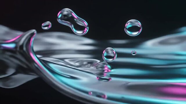 Abstract metallic chrome liquid waves flowing smoothly through a dark void with vibrant neon color bleeding reflections