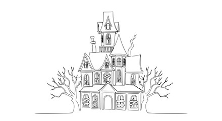 Spooky Haunted Mansion Outline Drawing, Creepy Victorian House with Bare Trees © Sista