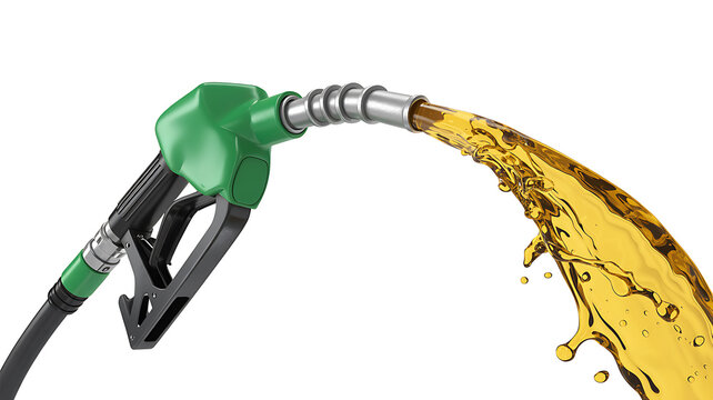Green fuel nozzle pouring golden liquid gasoline with a splash and droplets on white background
