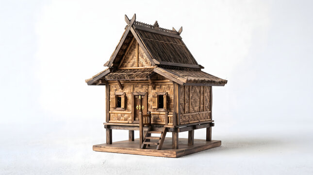 Miniature Southeast Asian traditional stilt house made of woven bamboo isolated on white background