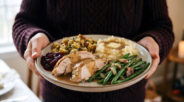 A person holding a delicious homemade turkey dinner plate to celebrate a cozy happy halloween holiday meal with family friends