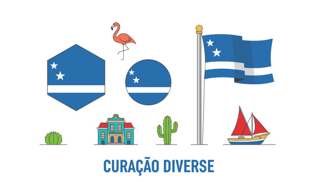 Collection of curacao icons and symbols including the national flag, a pink flamingo, historic buildings, sailboat, and cactuses.
