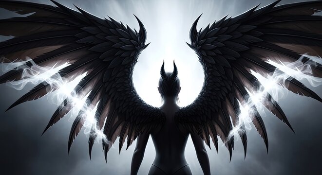Dark winged horned figure silhouette with radiant light background