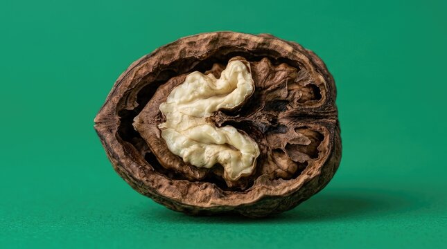 A single walnut shell split in half to reveal the textured, light brown kernel inside, centered against a solid, vibrant matte green background
