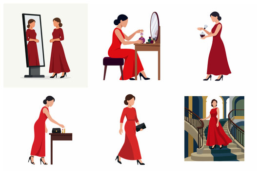 Elegant woman in red dress preparing for evening event, vector illustration set of lady getting ready with makeup and perfume