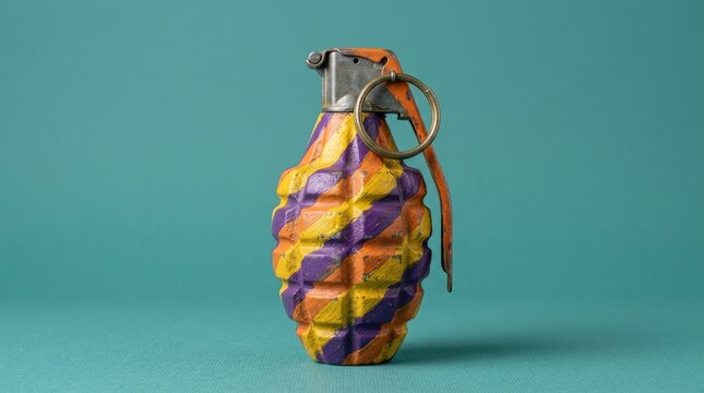 A vintage hand grenade painted with diagonal purple, yellow, and orange stripes standing upright on a solid, muted teal-colored background surface